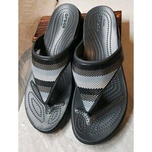 Crocs Monterey Beaded Stripe Wedge Flip Women’s Size 10W Black Grey Silver